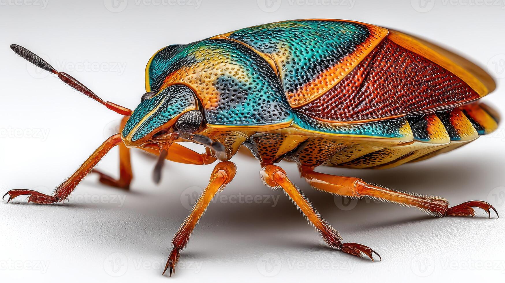 Colorful beetle perched on a smooth surface, showcasing intricate patterns and vibrant colors under bright lighting photo