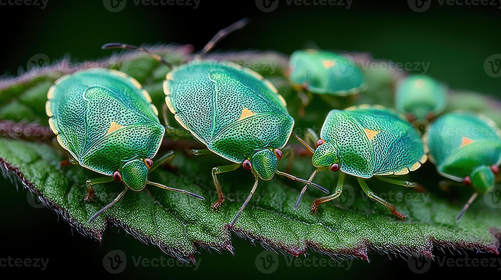Close-up view of vibrant green insects resting on a leaf in a lush garden during the summer afternoon photo