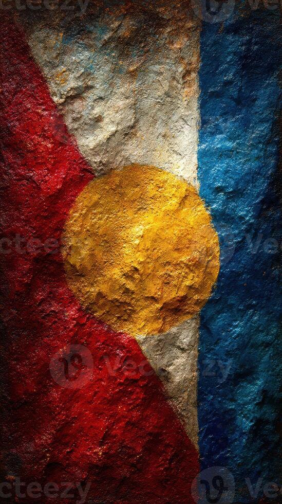 Vibrant depiction of Colorado state flag painted on a textured rock surface photo