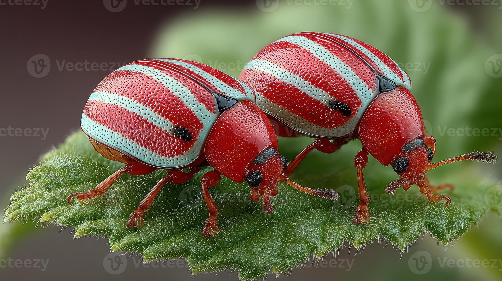 Brightly colored red and blue striped beetles on a green leaf in a natural setting during daylight hours photo