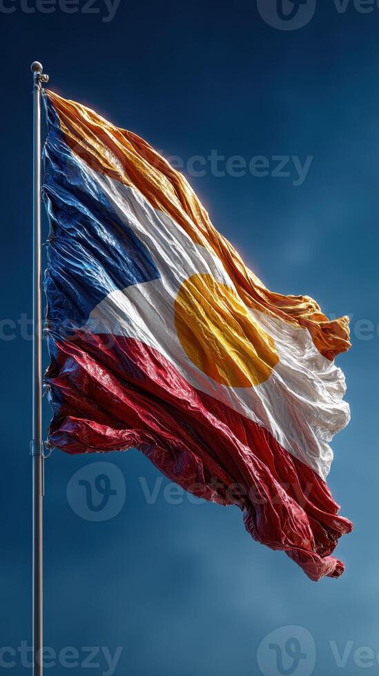Vibrant flag of Colorado waving against a clear blue sky in the bright afternoon light, showcasing its unique colors and design photo