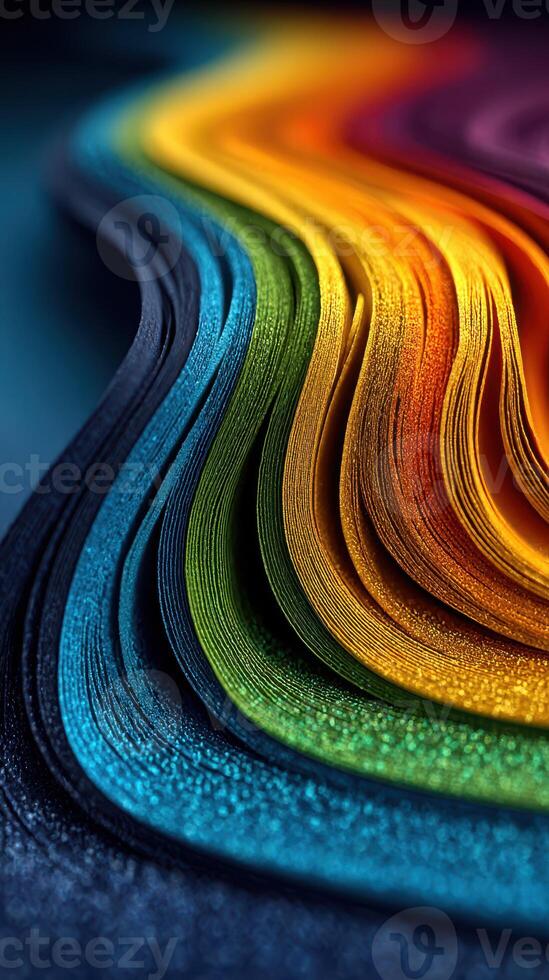 Colorful layers of textured paper create a vibrant display of rainbow hues in artistic arrangement photo