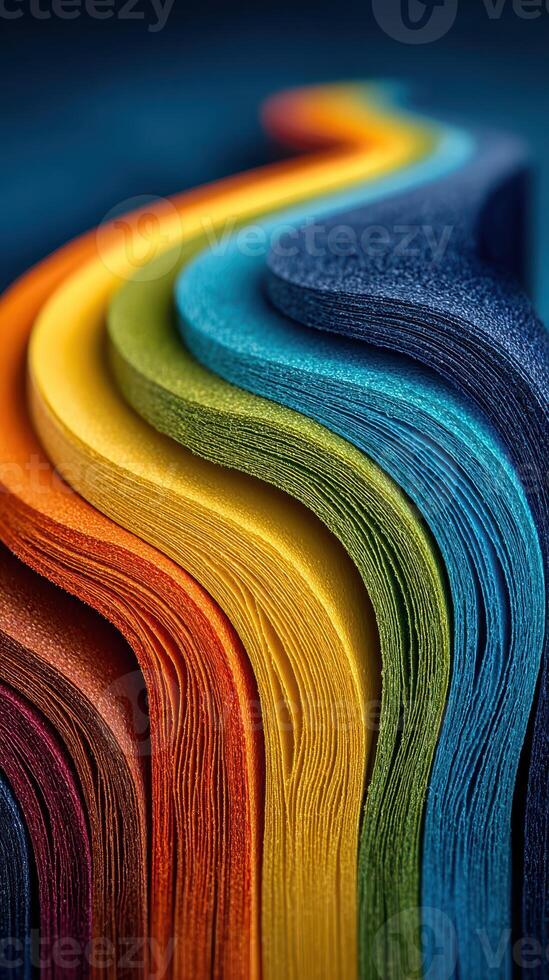 Vibrant layers of colored paper arranged in wavy patterns on a dark background creating an artistic display photo