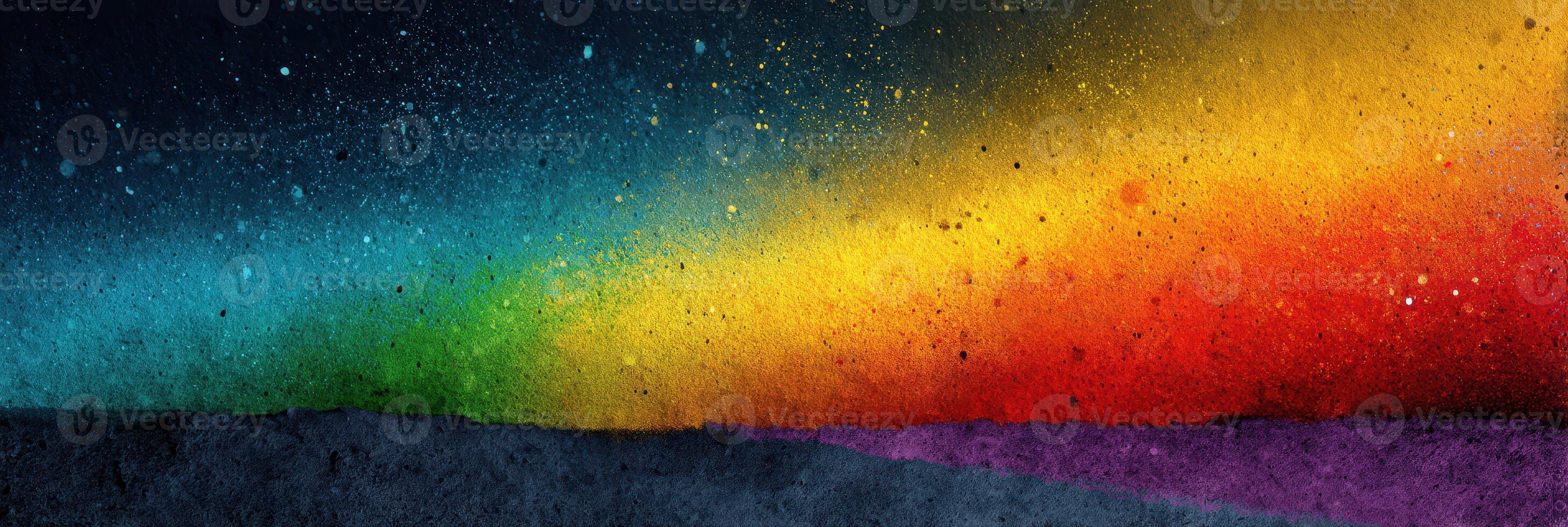 Colorful abstract painting with vibrant gradient blending into a dark landscape at sunset photo
