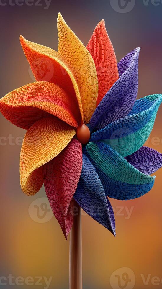 Colorful wooden pinwheel decorated with vibrant petals spinning gently against a blurred background in a playful atmosphere photo