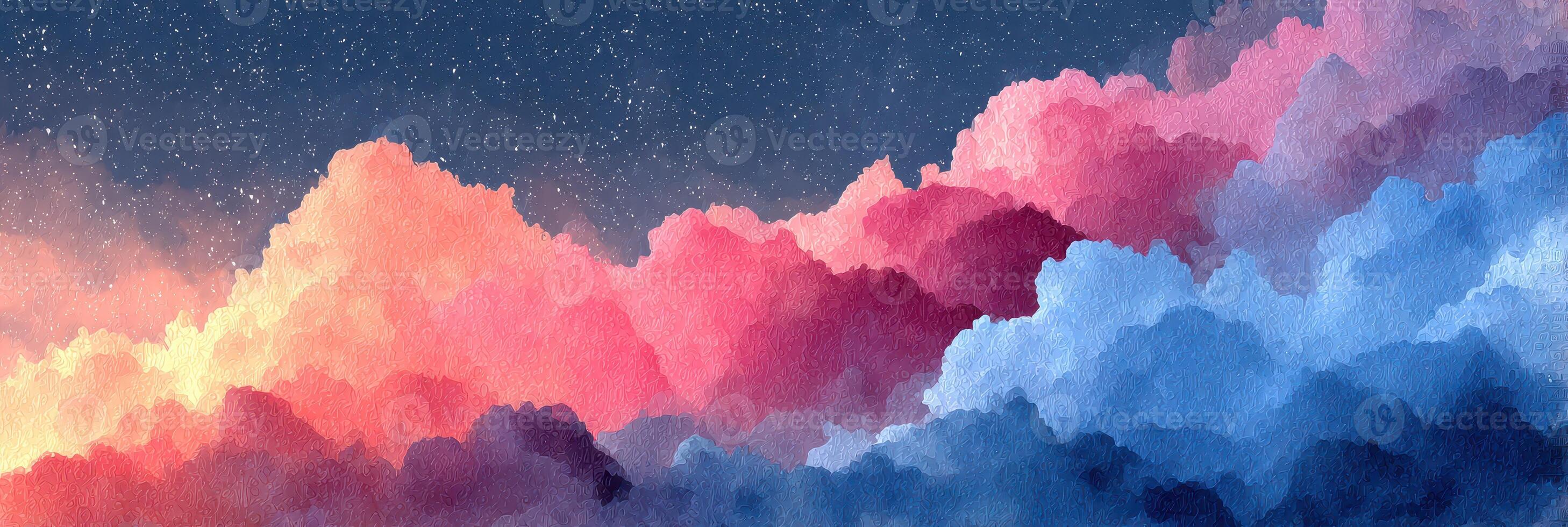 Vibrant sunset clouds illuminated with shades of pink, blue, and purple against a starry night sky photo