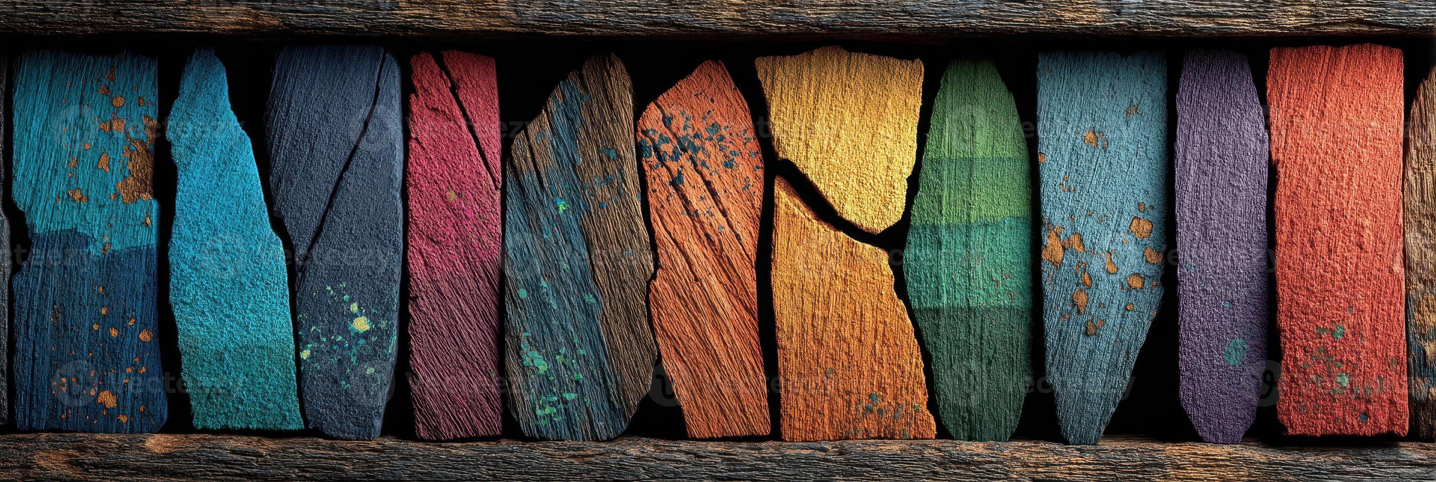 Colorful wooden planks arranged in a rustic pattern displaying vibrant hues and textures photo