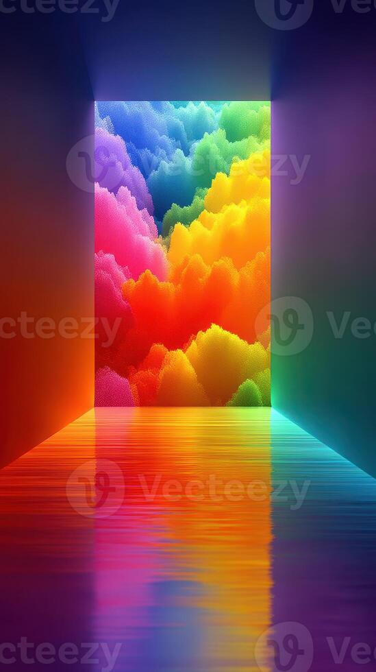 Colorful abstract hallway with vibrant rainbow clouds reflecting on a smooth surface in a surreal environment photo