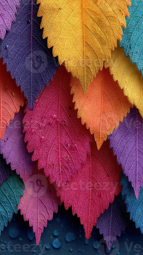 Colorful leaves arranged in a vibrant pattern create an artistic display of nature's beauty and diversity in fall season photo