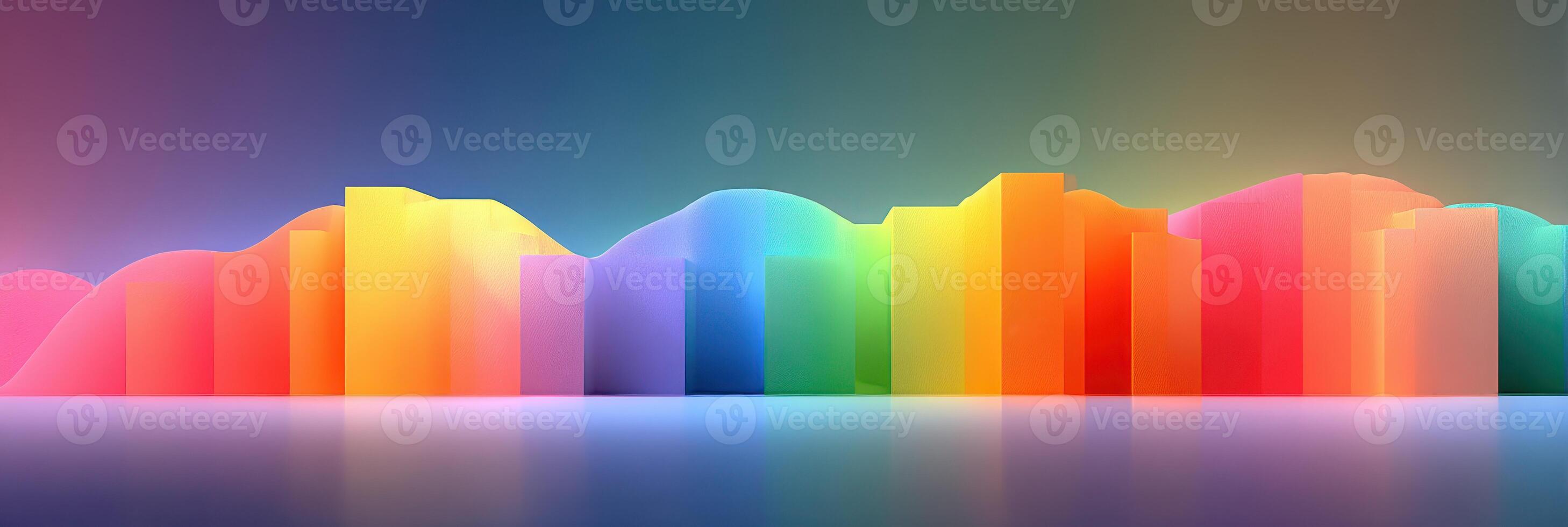 Vibrant abstract landscape featuring colorful geometric shapes and reflections under a gradient sky photo