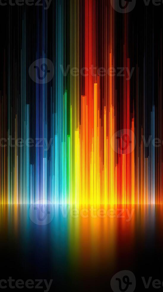 Vibrant sound wave visualization with colorful lines reflecting on dark background photo