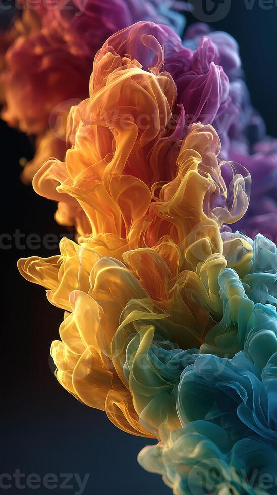Colorful abstract smoke swirling in vibrant hues of pink, orange, yellow, and blue against a dark background photo