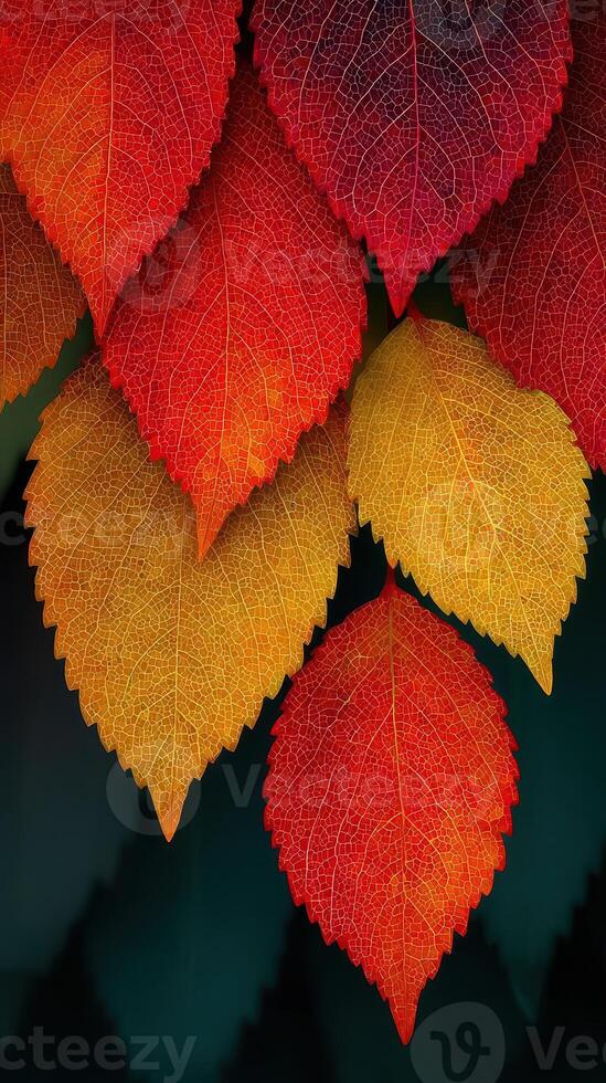 Colorful autumn leaves showcasing vibrant red and yellow hues against a dark background in a close-up view of nature's beauty photo