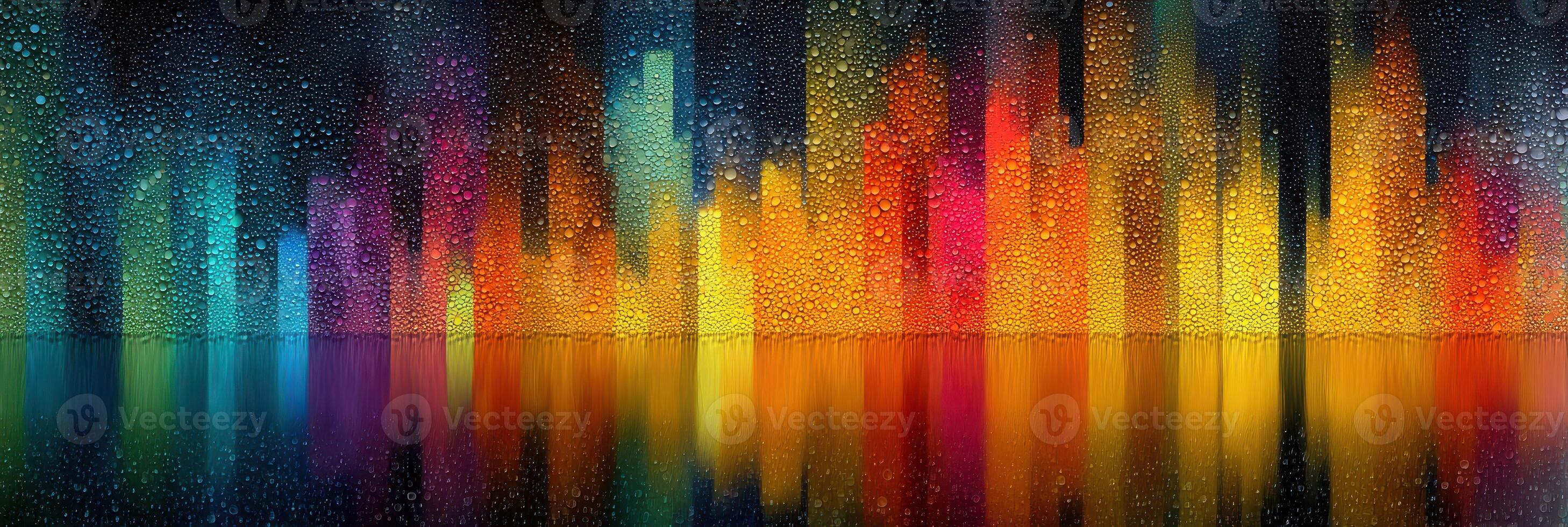 Vibrant abstract cityscape reflecting colorful lights on water at night photo