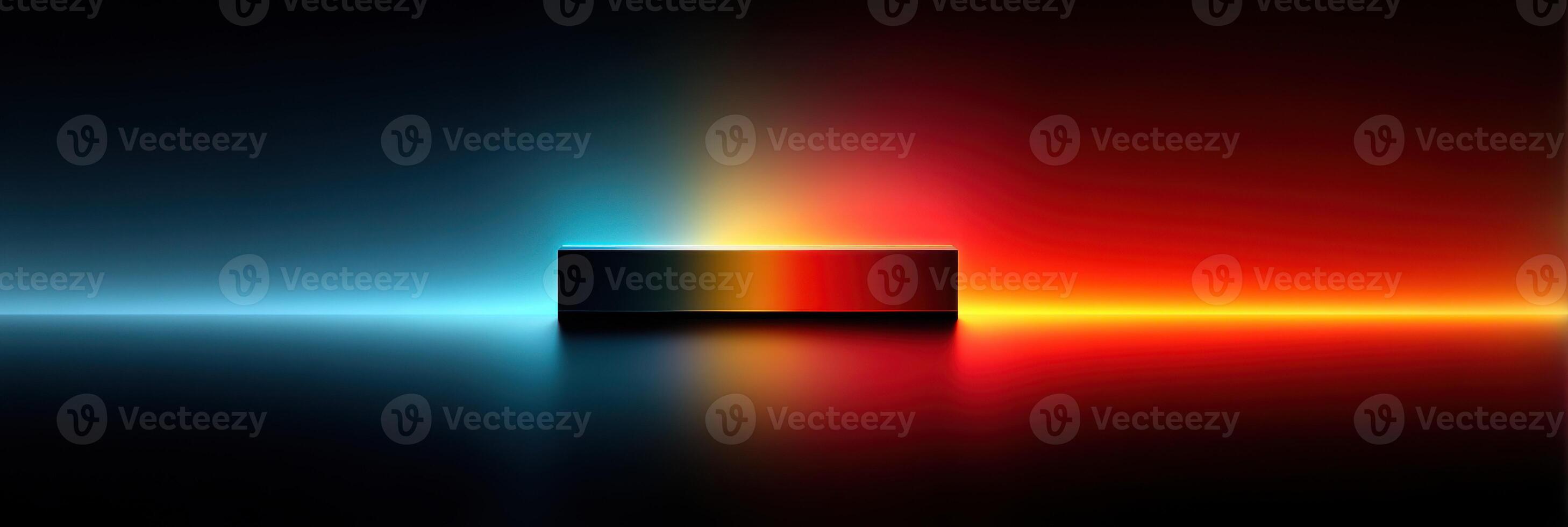 Colorful light reflections on a sleek black surface create a vibrant atmosphere in a minimalistic setting photo
