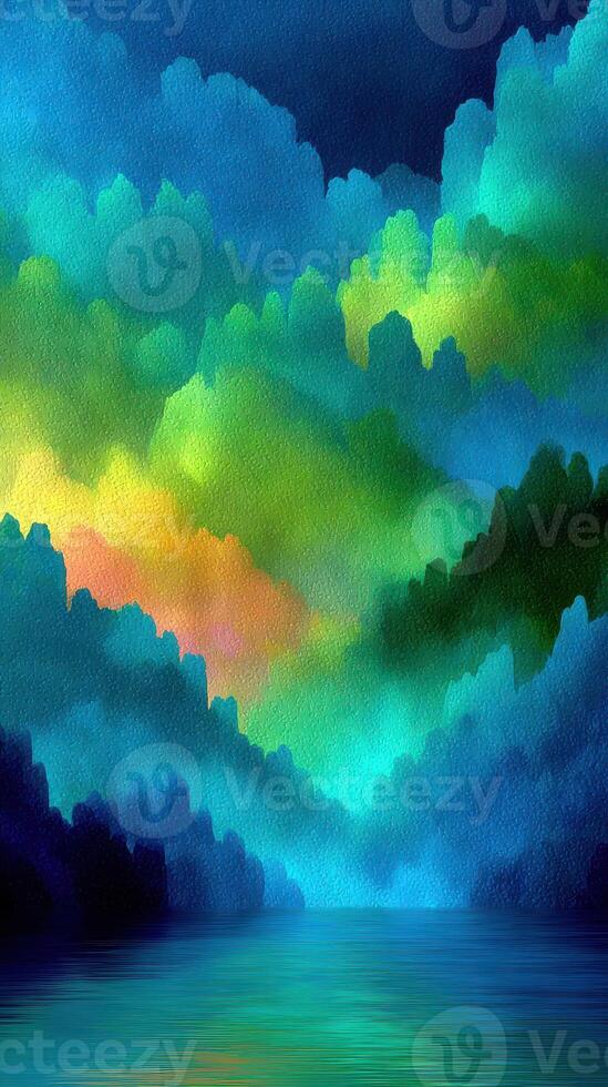 Vibrant abstract landscape with colorful clouds and serene water photo