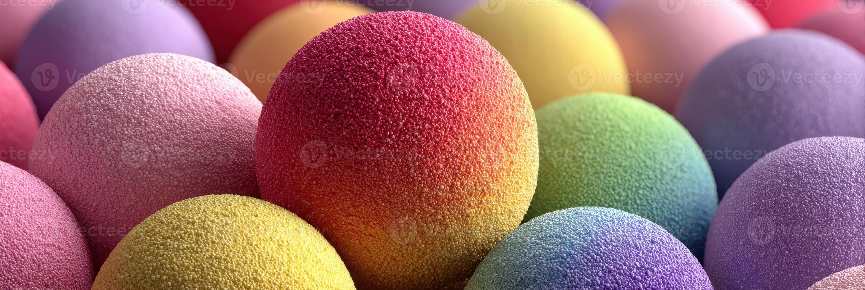 Colorful textured spheres arranged closely together in a vibrant display, showcasing a variety of pastel shades in a unique composition photo