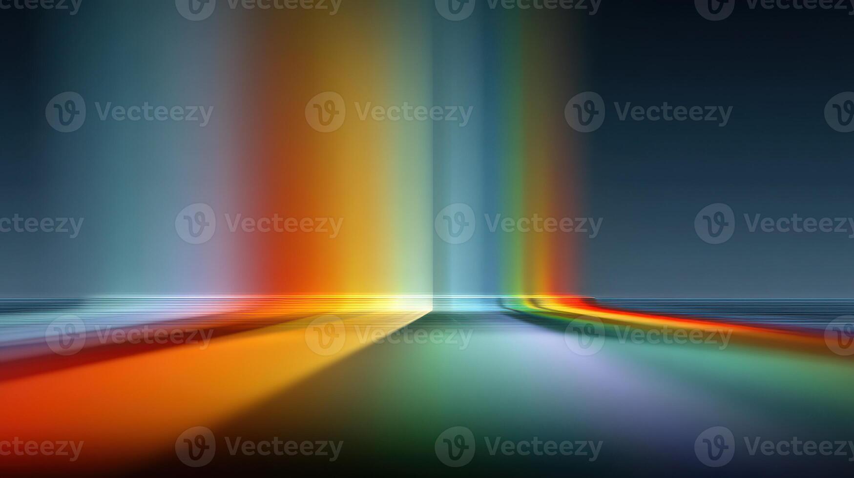 Colorful light beams reflecting across a serene surface during twilight hours creating a vibrant visual display photo