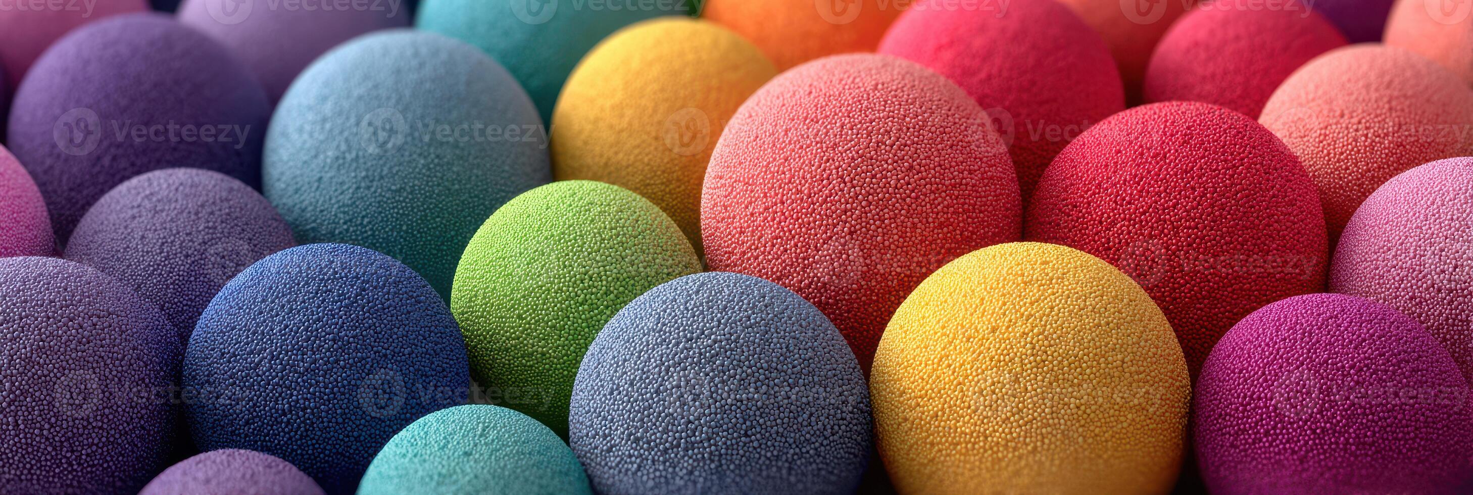 Colorful spheres arranged in a vibrant display highlighting tactile textures and contrasting shades photo
