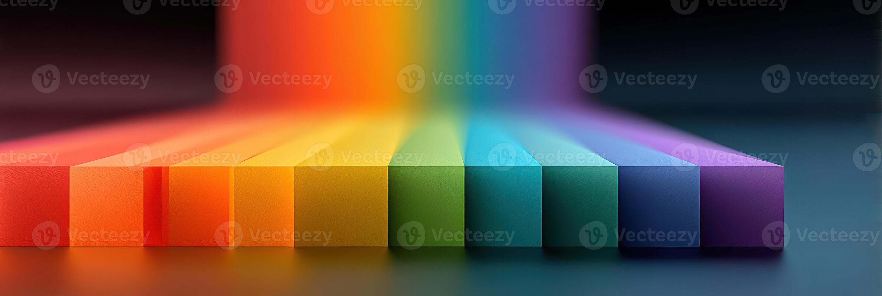 Colorful gradient of paper blocks arranged neatly in a rainbow formation on a dark surface photo