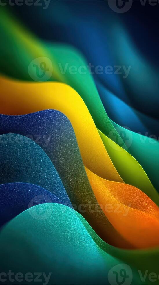Colorful abstract waves flow smoothly in vibrant patterns showcasing shades of blue, green, yellow, and orange against a dark background photo