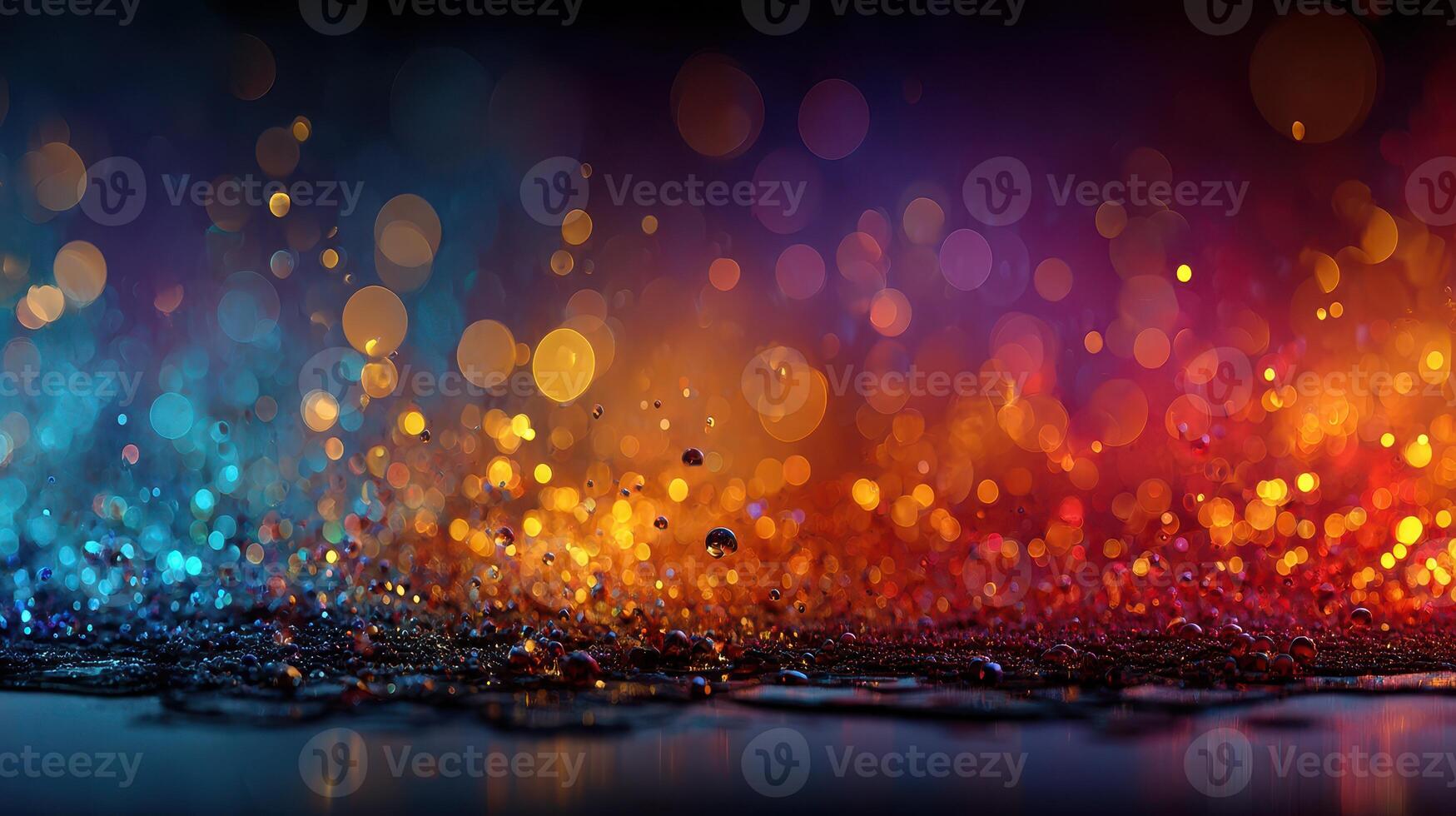 Colorful droplets create a mesmerizing bokeh effect in sparkling water scene during evening hours photo