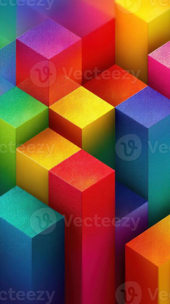 Vibrant arrangement of colorful cubes with shadows against a bright background creating dynamic visual depth photo
