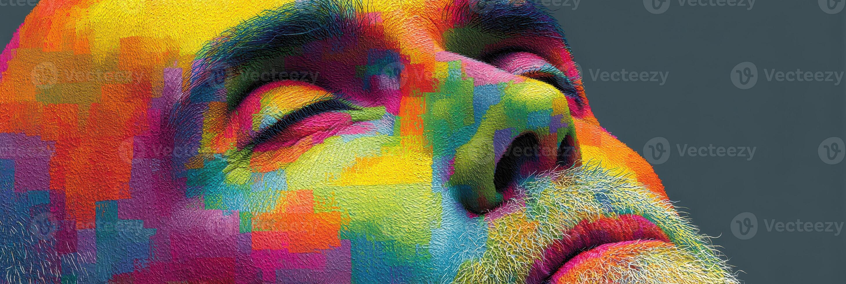 Colorful abstract portrait of a man with closed eyes showcasing vibrant hues and artistic expression photo