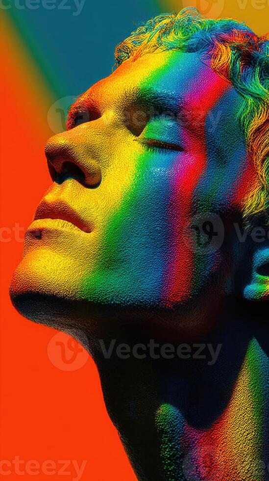 Colorful portrait of a man with vibrant rainbow lighting highlighting unique features and expressions at a creative art event photo