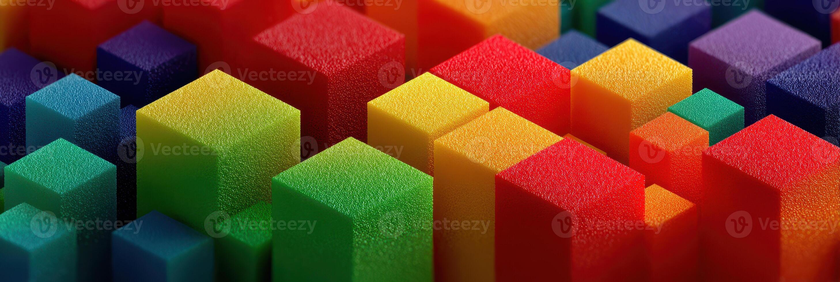 Colorful blocks create an abstract pattern in vibrant hues during afternoon light photo