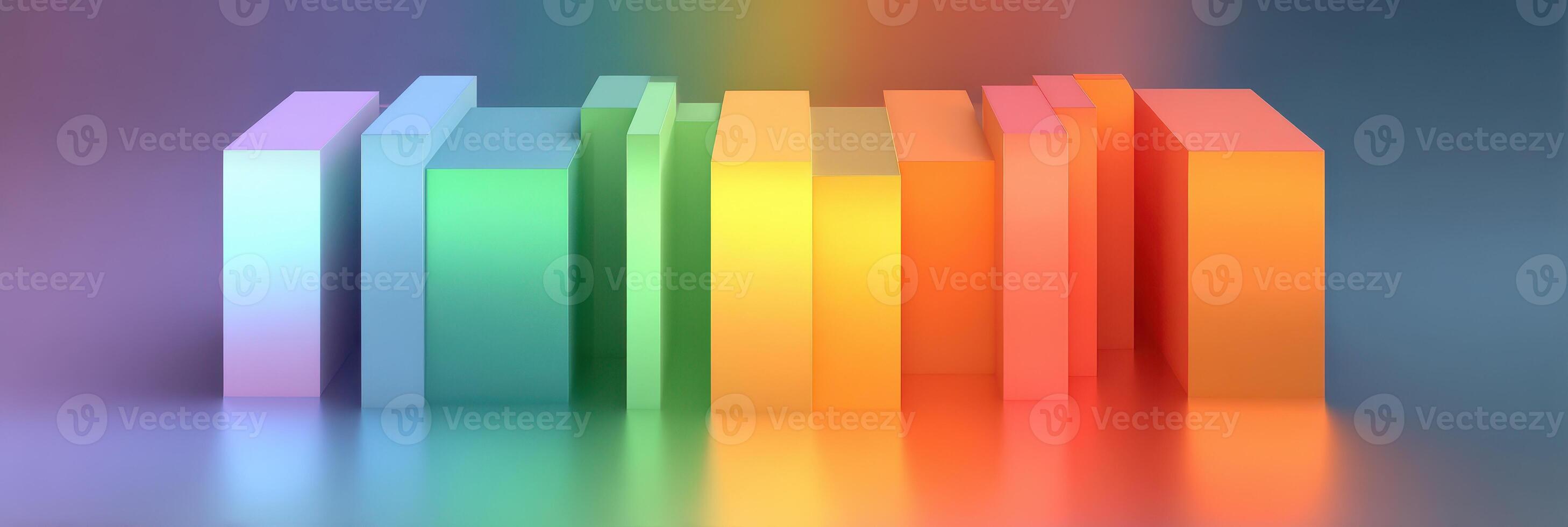 Colorful 3D blocks arranged in a gradient pattern on a reflective surface with soft lighting in an artistic display photo