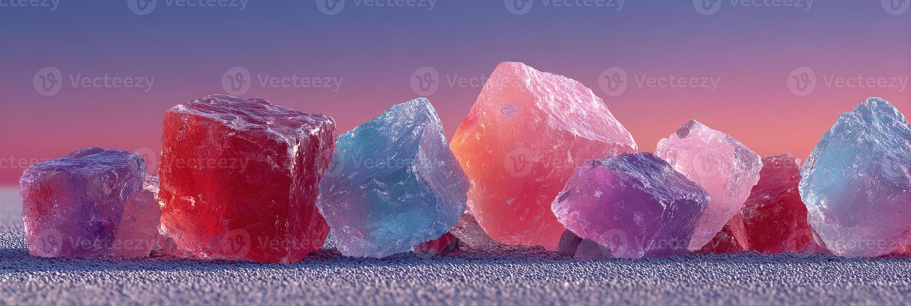 Colorful crystal-like rocks scattered on a smooth surface during dusk reflecting vibrant hues photo