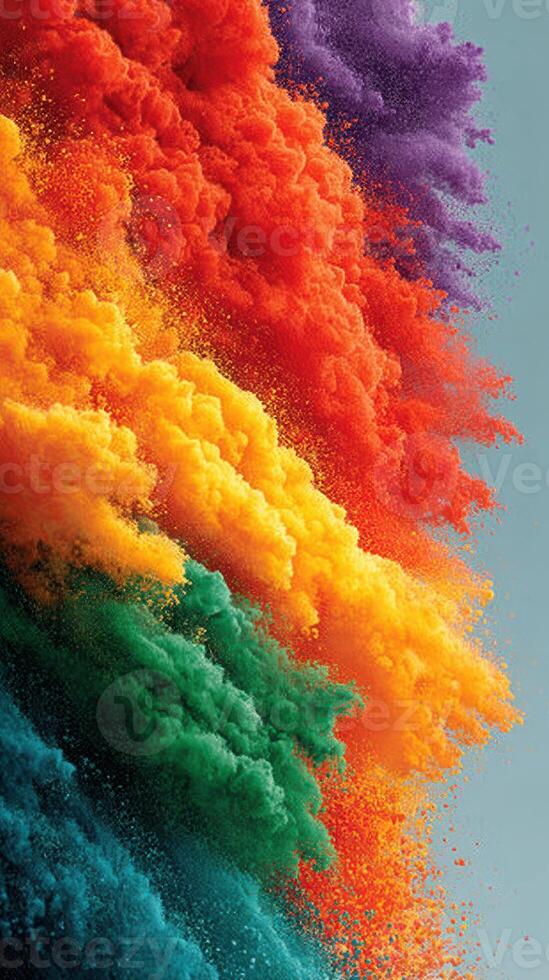Vibrant explosion of colorful powders creating a stunning visual display in a creative setting during daylight hours photo