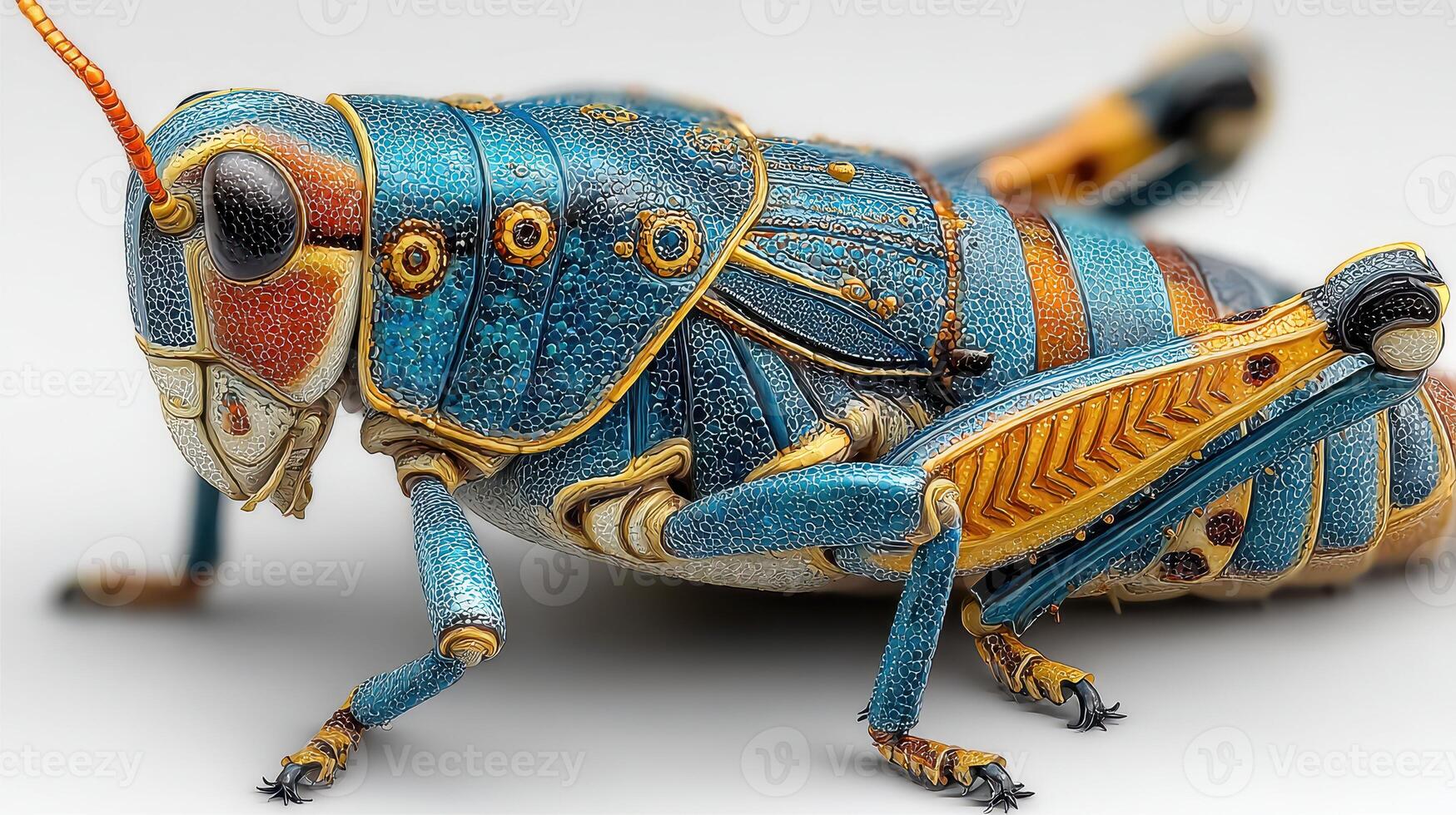 Macro shot reveals intricate details of a colorful grasshopper in its natural form photo