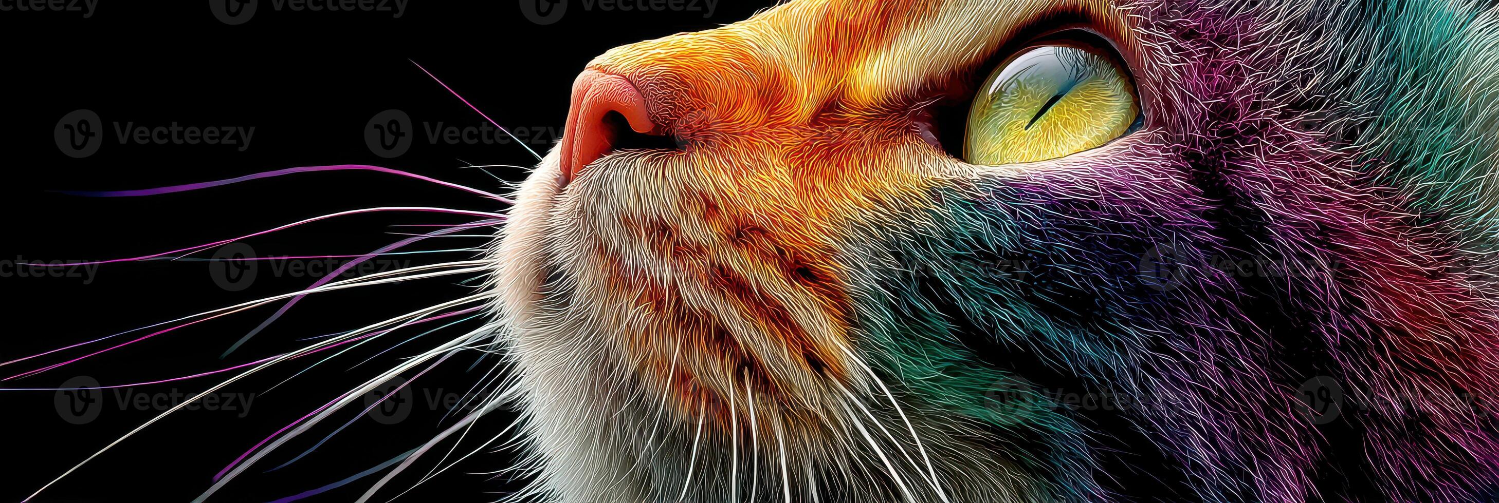 Colorful close-up of a cat's face with intricate details and vibrant hues on a black background photo