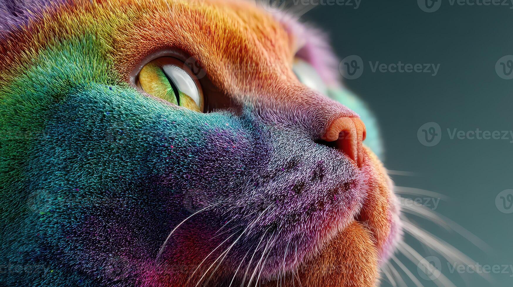 Colorful cat portrait captures vibrant fur tones and detailed facial features in a close-up view photo