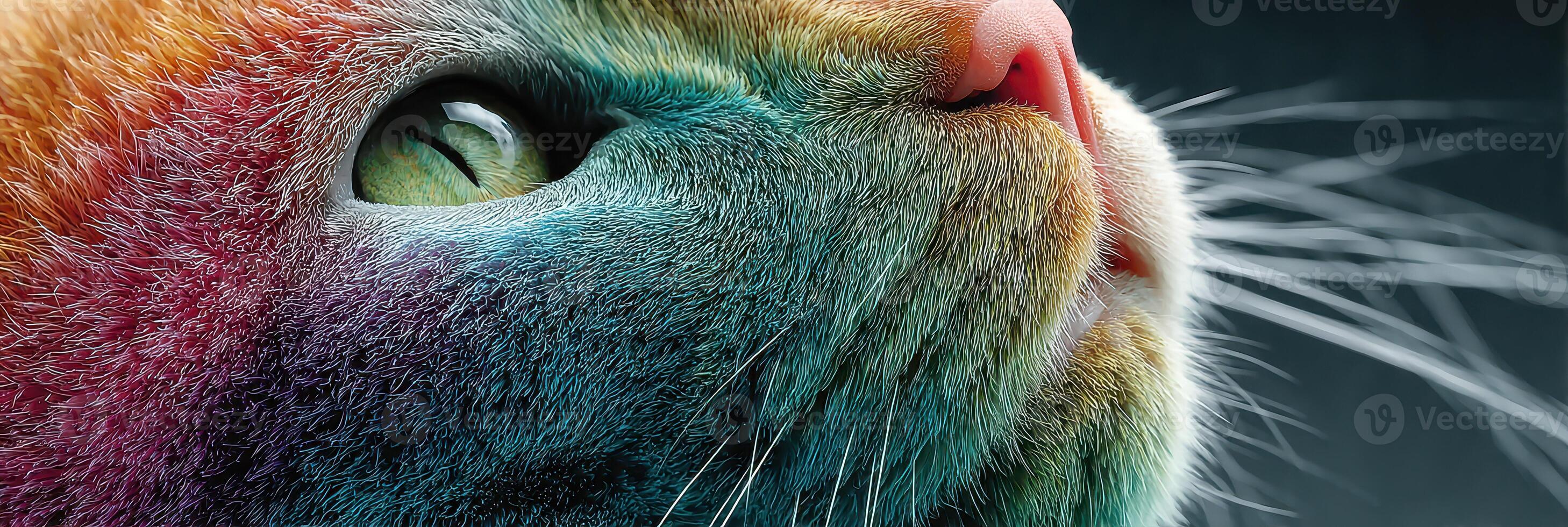 Colorful cat close-up showcasing vivid details and striking expression in a creative artistic style photo