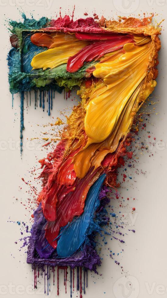 Colorful abstract creation of the number seven made with vibrant paint splashes on a light background photo