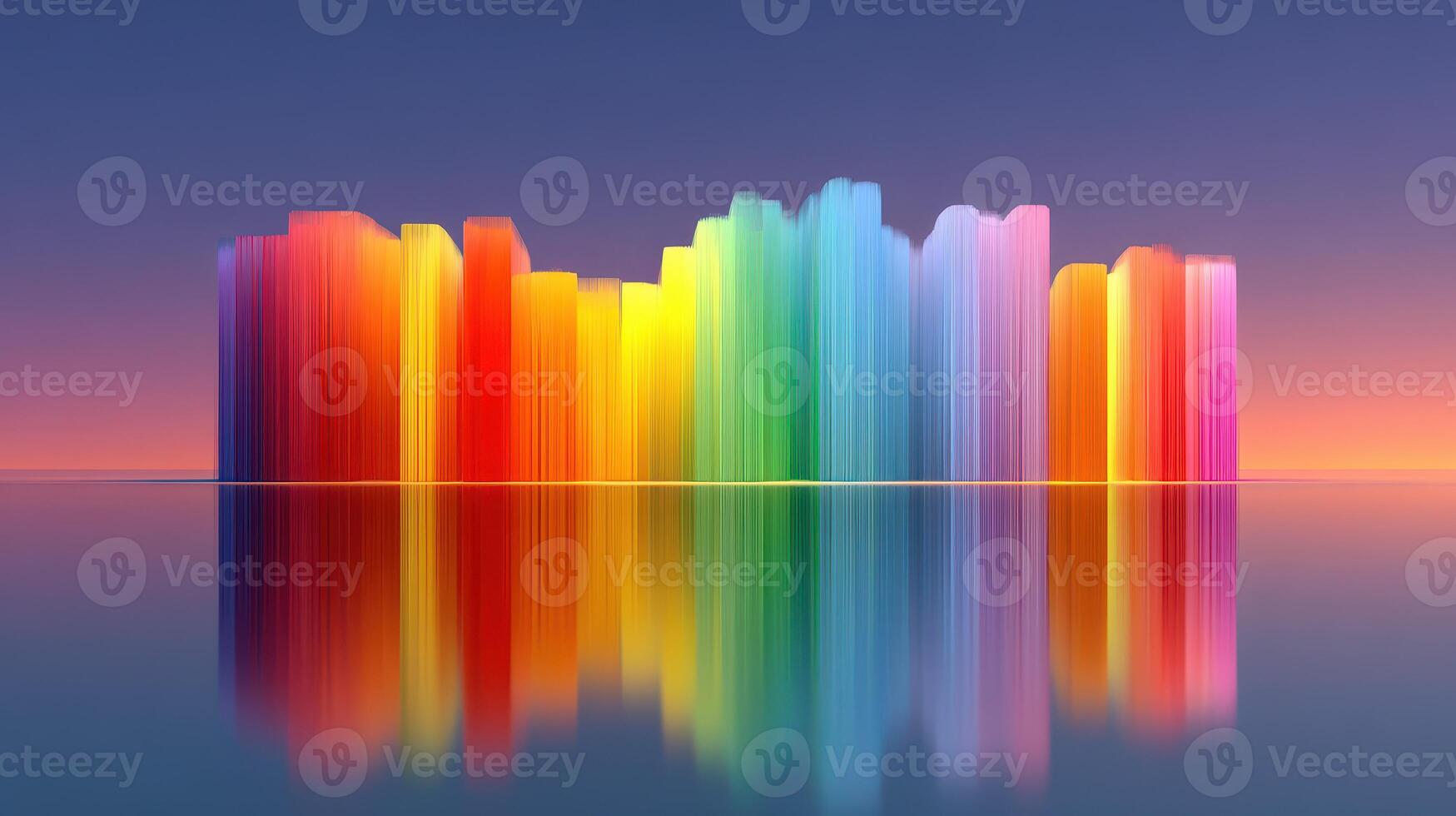Colorful abstract skyline reflection at sunset on calm water surface photo