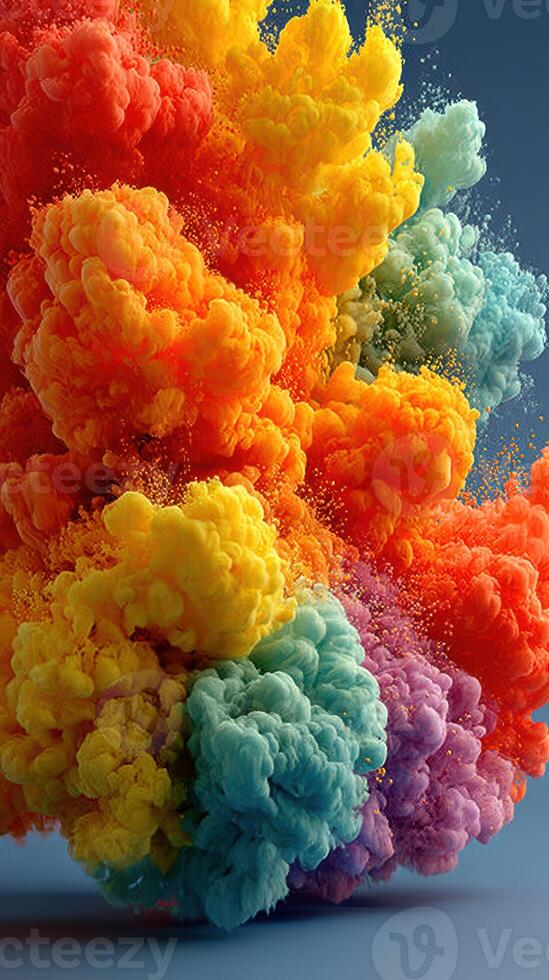 Colorful explosion of vibrant smoke in shades of orange, blue, and yellow against a dark background in artistic display photo