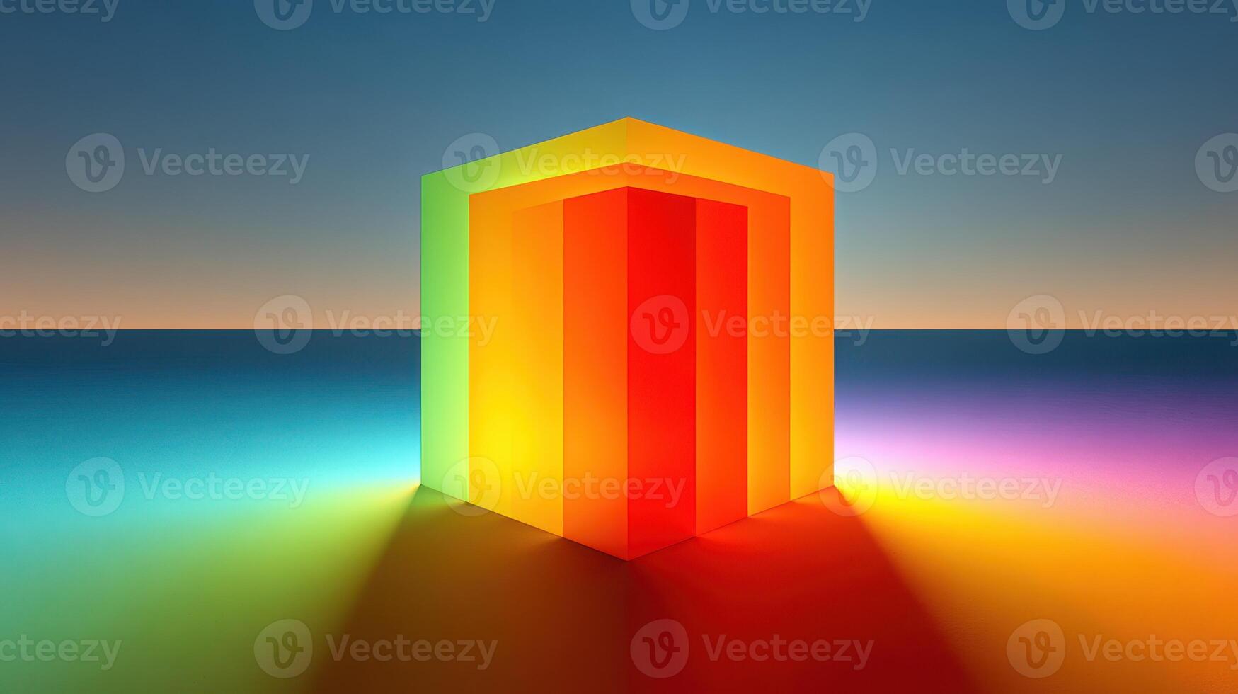 Colorful geometric structure illuminated against a serene ocean backdrop during sunset photo