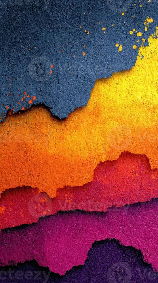 Vibrant layered texture with orange, purple, and blue hues on a rough surface creates a dynamic visual effect photo
