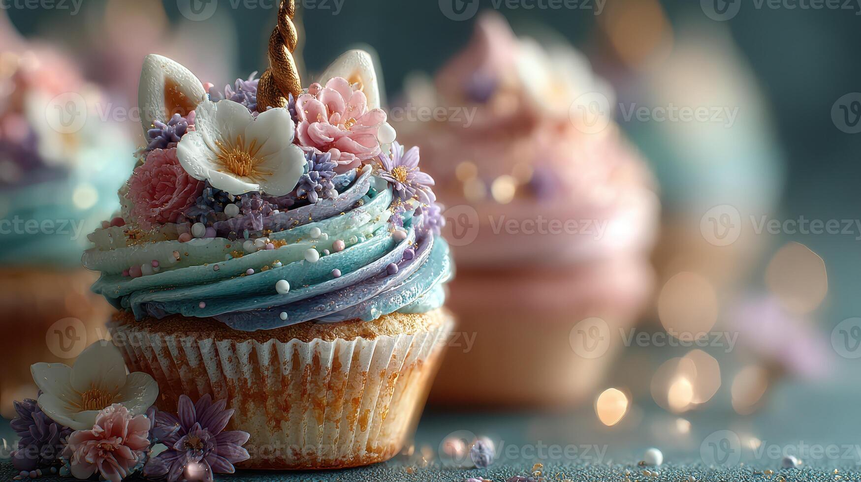 Colorful unicorn cupcakes decorated with flowers and sparkles at a pastel-themed celebration photo