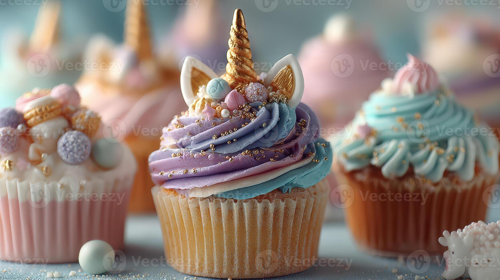 Colorful unicorn cupcakes decorated with pastel icing and sprinkles at a festive dessert display photo