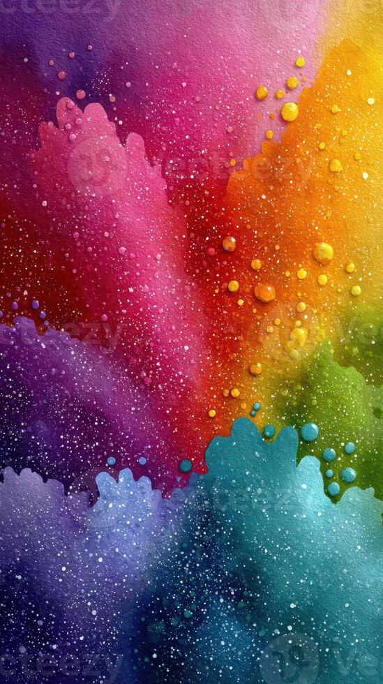 Vibrant abstract watercolor design showcasing flowing colors and textures from purple to yellow with speckled details photo