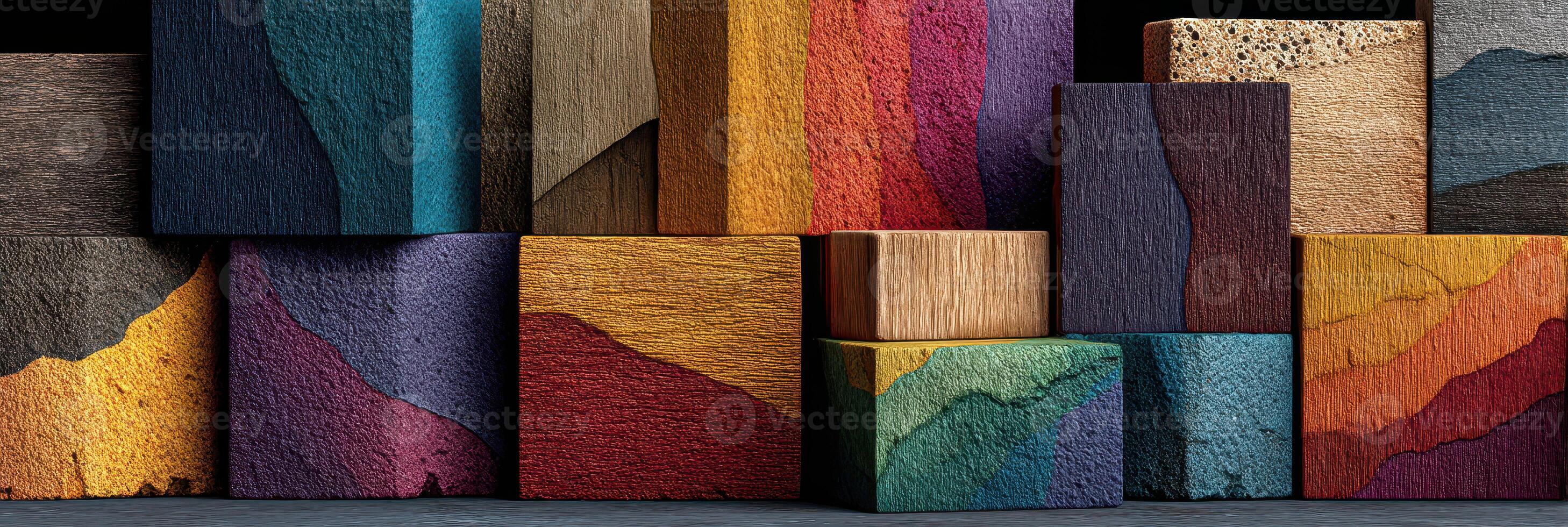 Colorful textured blocks arranged artistically create a vibrant display of design creativity photo