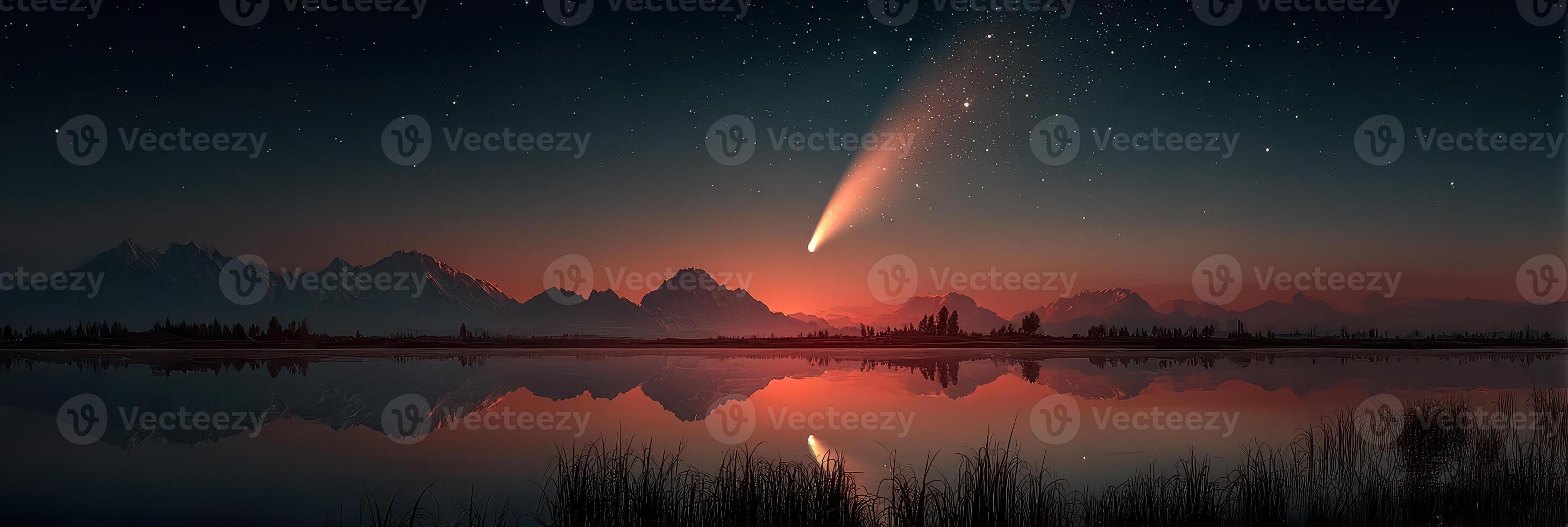 Stunning comet view over serene lake and majestic mountain range at night photo