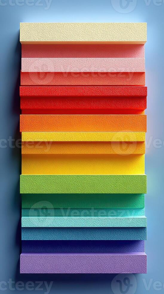 Colorful stacked blocks create a vibrant display of pastel shades arranged in a gradient on a blue background photo