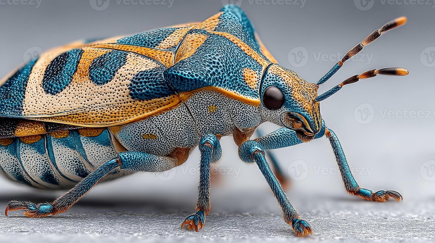 Detailed close-up view of a vibrant insect with blue and orange patterns on a neutral background during daylight photo