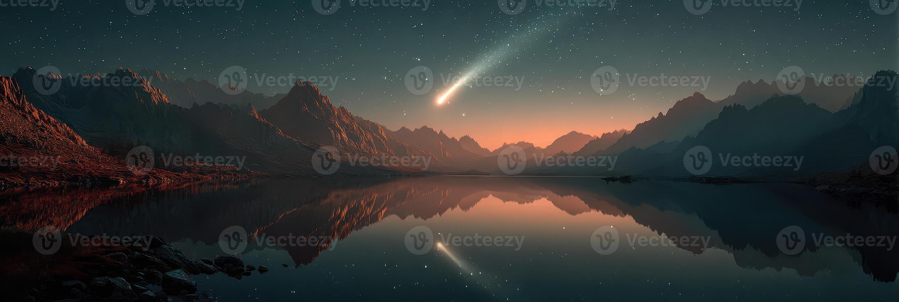Stunning night sky showcases a comet over serene lake and majestic mountains at twilight photo